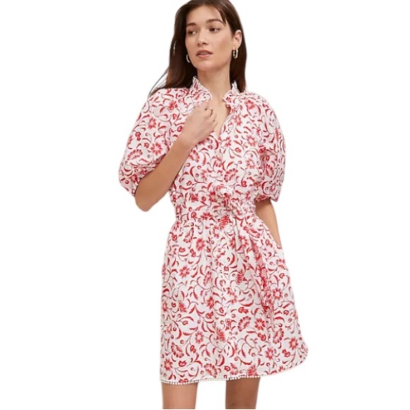Ann Taylor Floral Ruffle Neck flare Dress NWT Fiery Red White Flirty Feminine - Picture 11 of 11